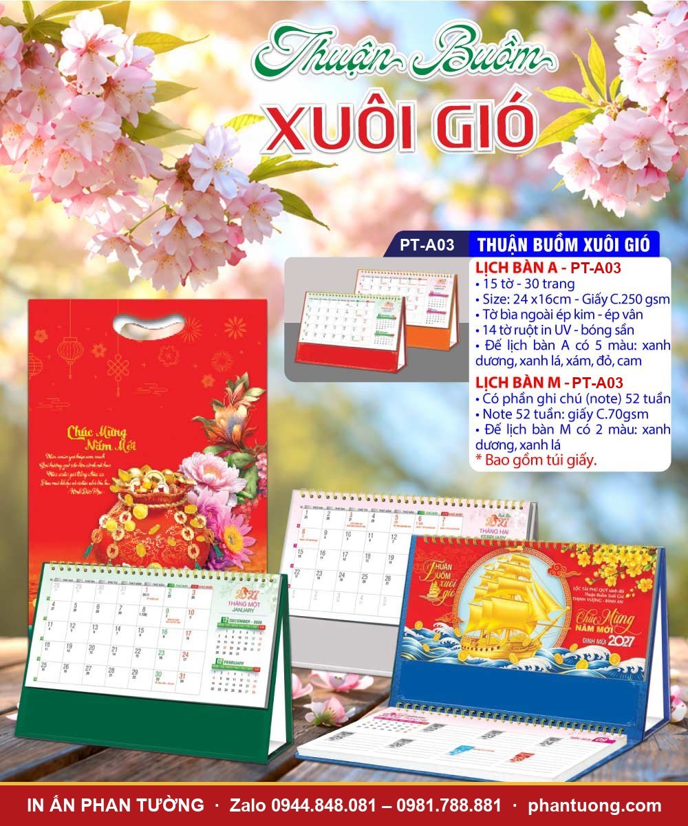 Lịch để bàn 2027 chữ A Thuận Buồm Xuôi Gió in logo doanh nghiệp
