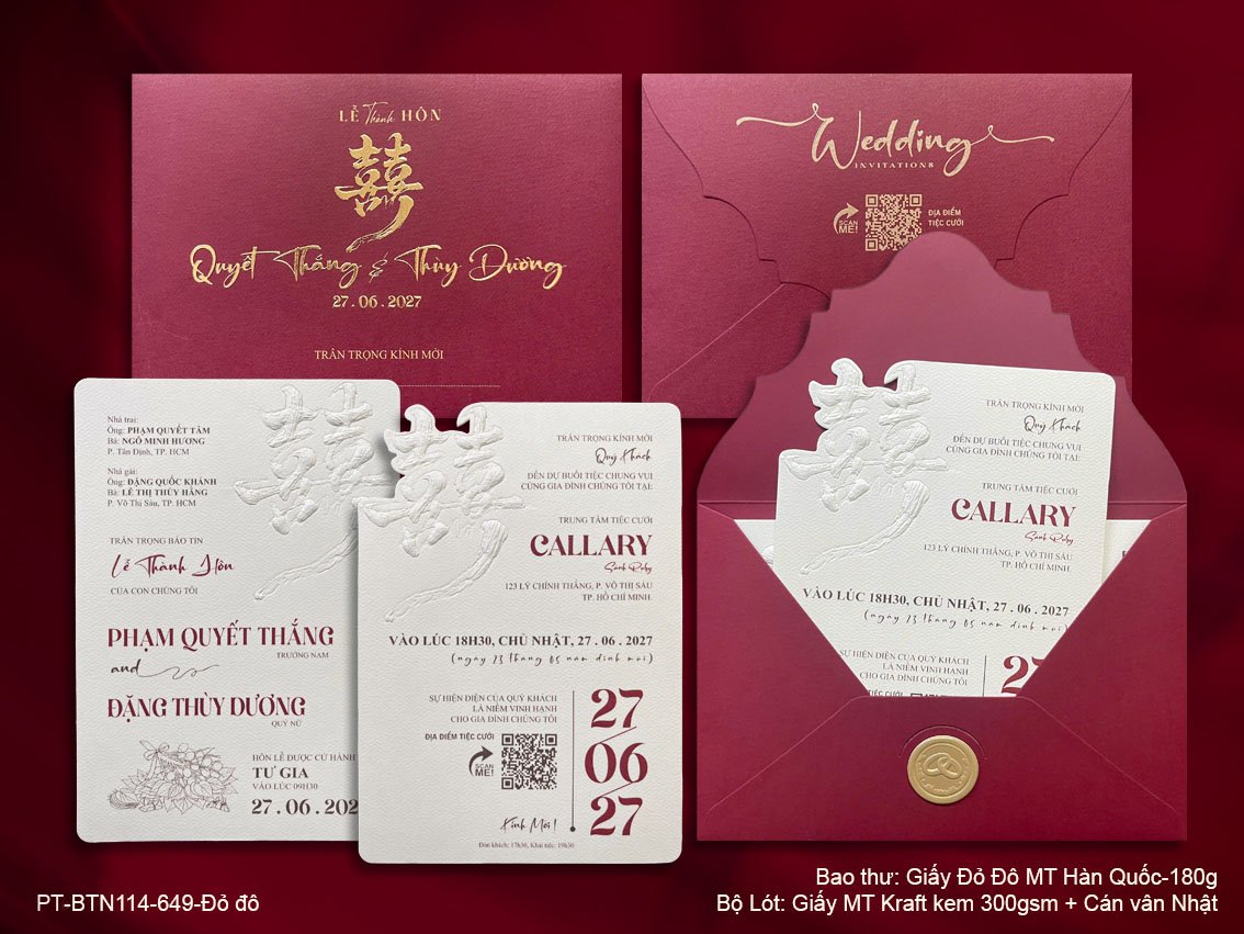 In thiệp cưới kỹ thuật số mẫu BTN114-649 đỏ đô ép kim tại Long Xuyên An Giang